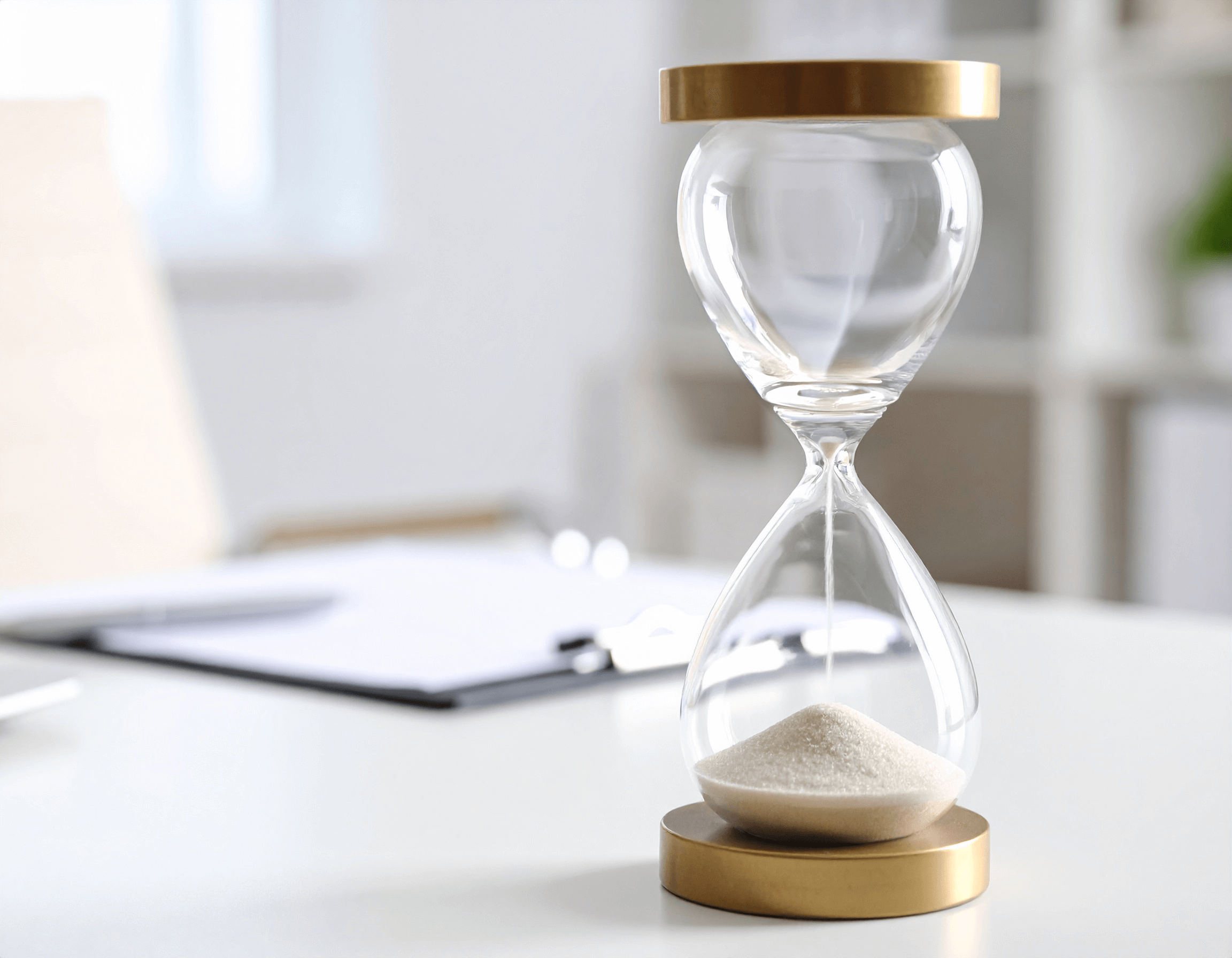 An empty hourglass with just a few grains of sand left at the top