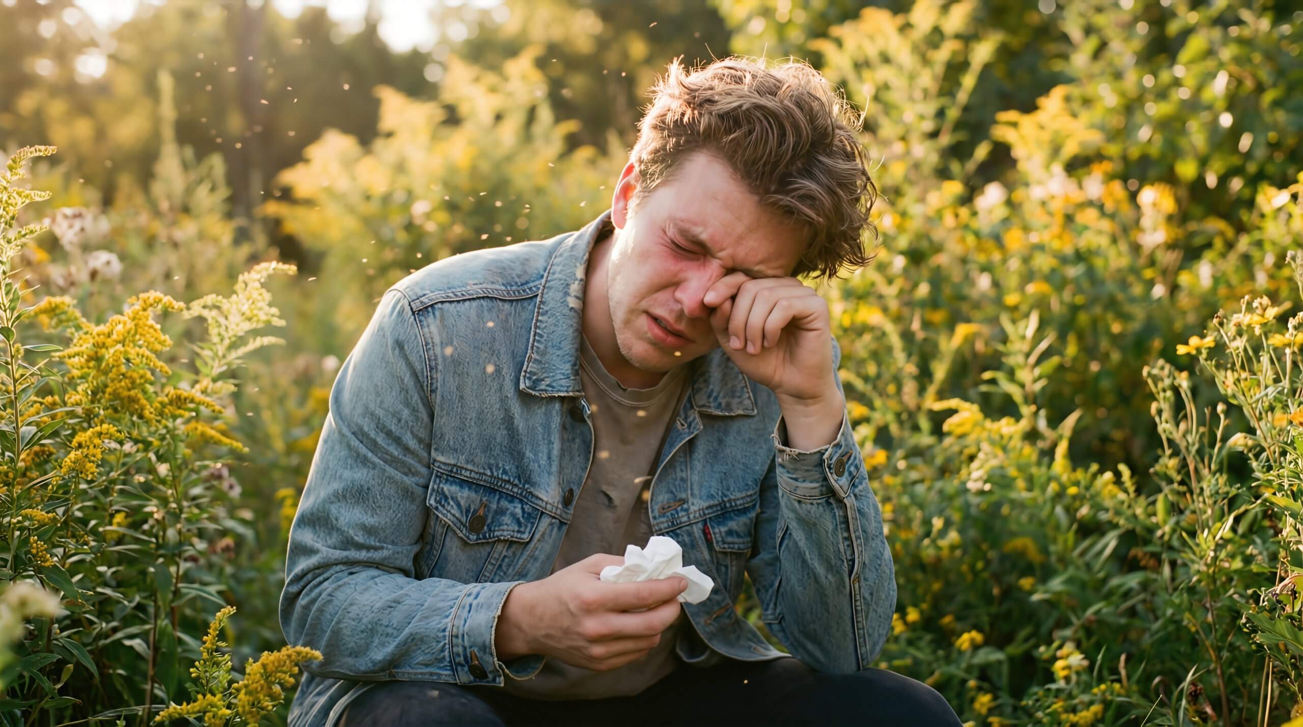 allegies: man sneezing in spring